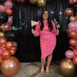 Hot Pink Sequin Ruched Side Midi Dress